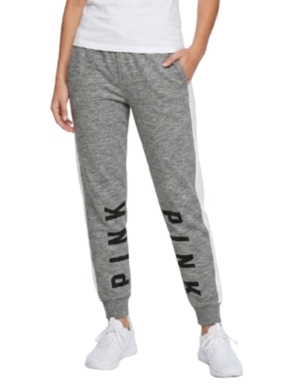 NWT PINK Victoria's Secret Gray Joggers White Side Stripe Sweatpants